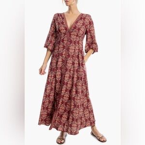 NWT: Max Studio Burgundy Floral V-Neck Button-Front Maxi Dress